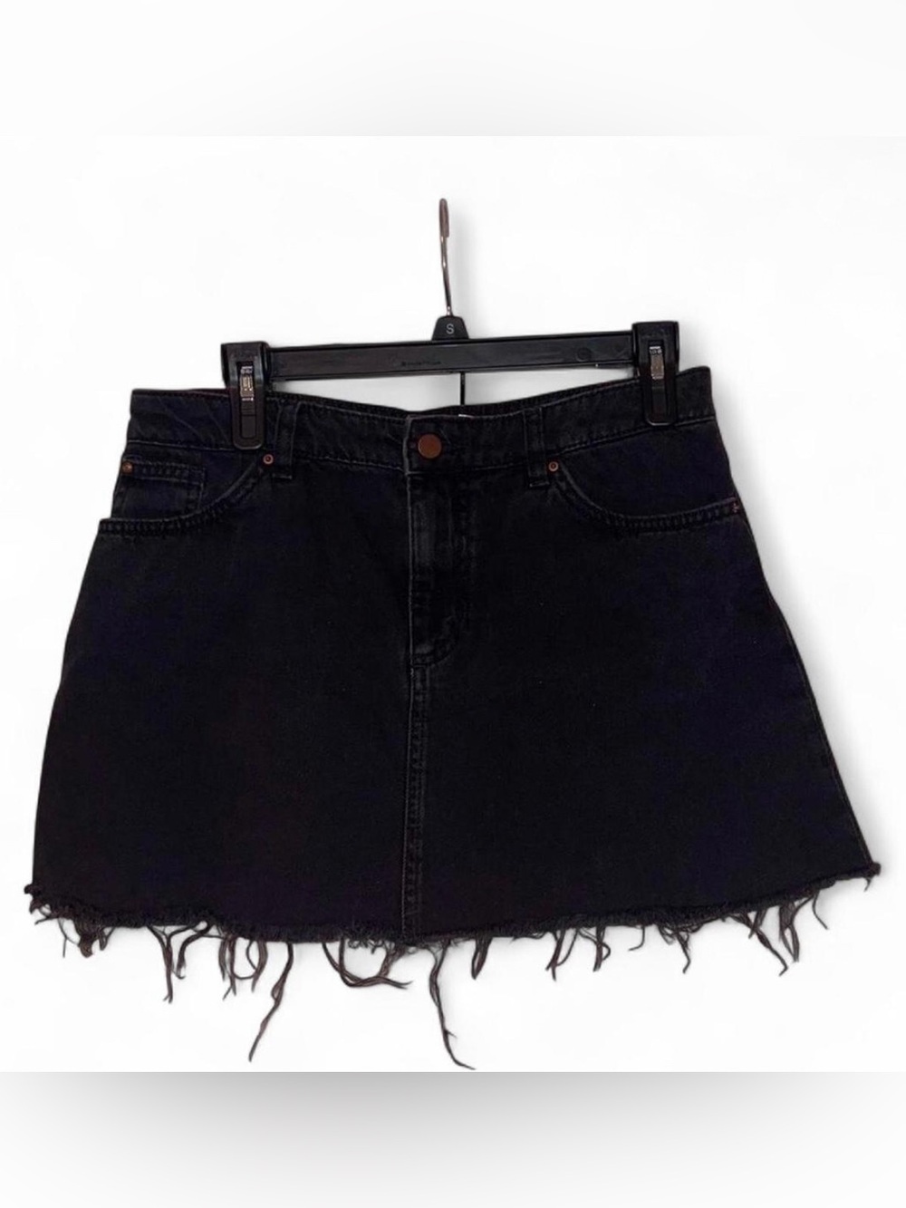 Black Denim Mini Skirt with Frayed Hem